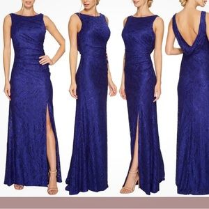 NWT Adriana Pappell Neptune stretch blue lace evening dress cowl back Size 6